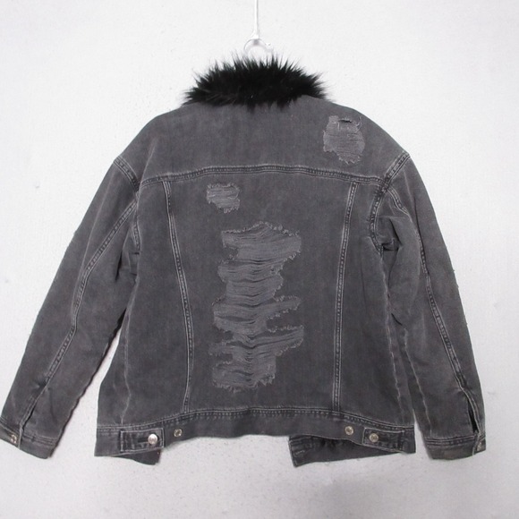 American Eagle Jean Jacket Medium Black Faux Fur Grunge‎ Punk Fade Distressed - Picture 2 of 8